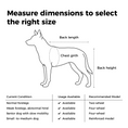 Load image into Gallery viewer, A sizing guide diagram for selecting a dog wheelchair or cart, showing a line drawing of a dog with labeled dimensions for back length, chest girth, and back height, plus a table listing current conditions, usage availability, and recommended models.