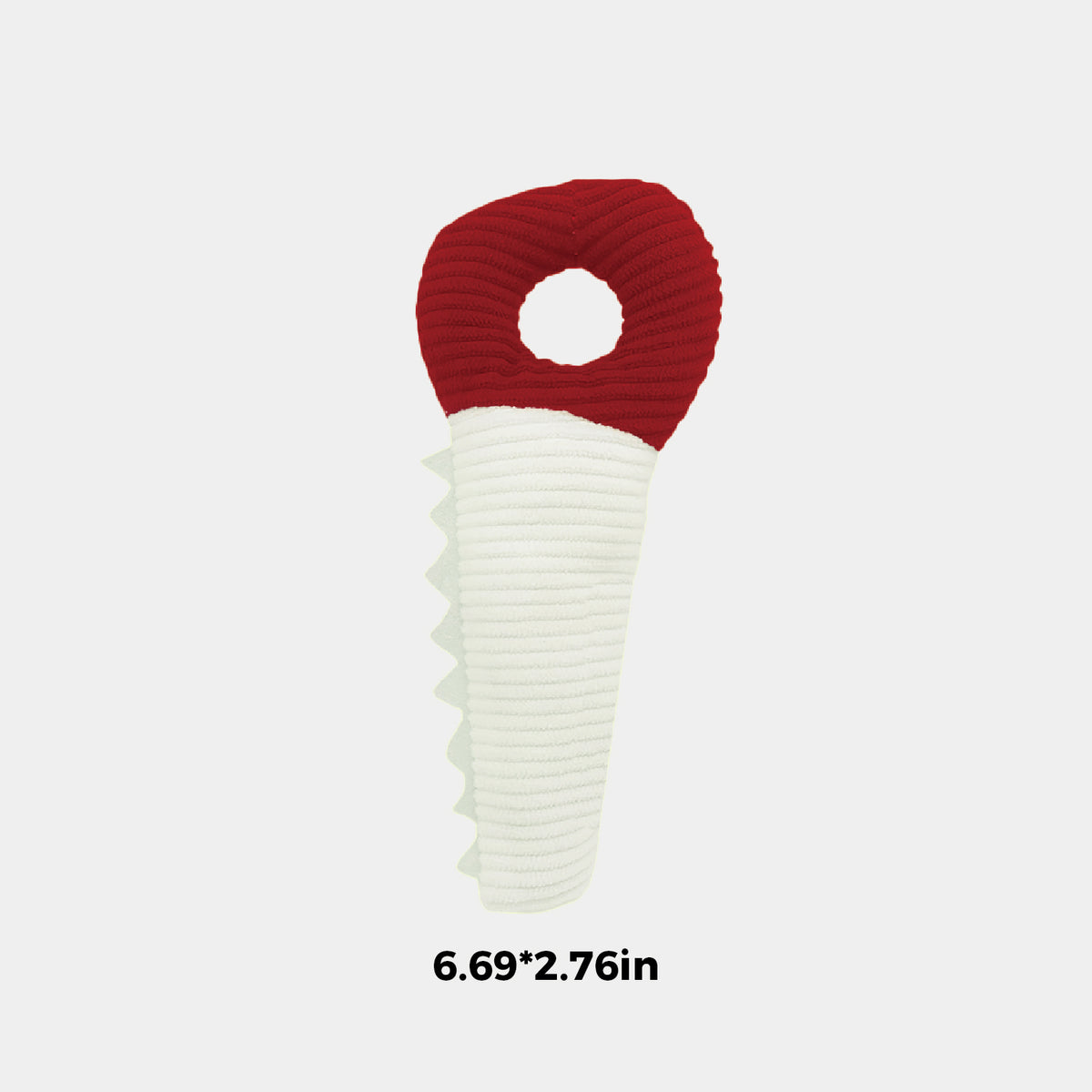 A small ribbed fabric teething toy shaped like a saw, with a red circular head and an off-white serrated body, shown on a light gray background with the text '6.69*2.