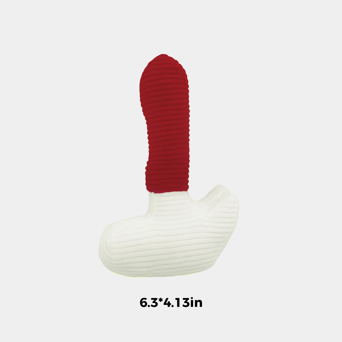A novelty silicone toy shaped like a human penis, featuring a textured red shaft and a ribbed white base, shown against a light gray background with a size measurement overlay '6.3*4.
