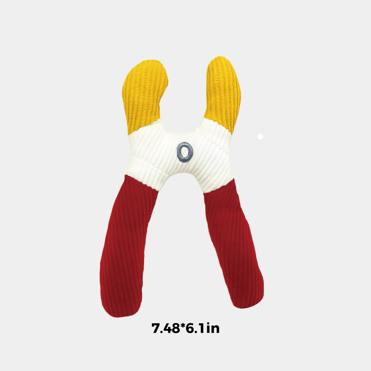 A ribbed knit dog toy shaped like a pair of pliers, featuring yellow handles, a white center, and red grips, with dimensions '7.48*6.