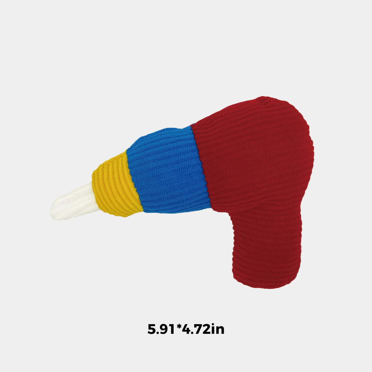 A small ribbed knit toy shaped like a hair dryer, shown on a light gray background with black text below reading 5.91*4.