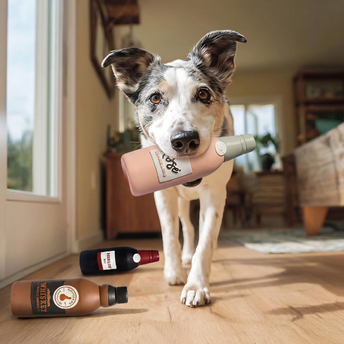 Floating Latex Wine Bottle Dog Toy – Squeaky & Interactive