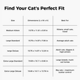 Load image into Gallery viewer, A size guide table titled 'Find Your Cat's Perfect Fit' showing cat size categories, dimensions in length x width x height, and best fit descriptions on a light gray background.

