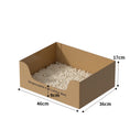 Load image into Gallery viewer, A disposable cardboard cat litter box filled with white litter, shown on a white background with dimension arrows and labels indicating 46cm length, 36cm width, 17cm height, and 9cm depth.
