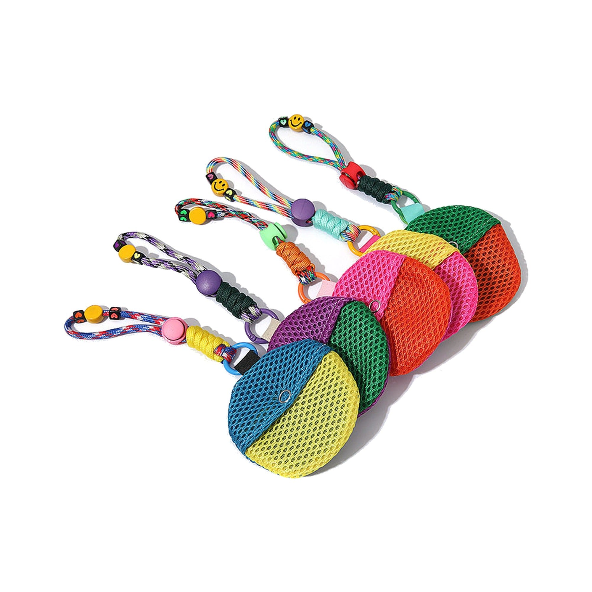 Embroidered mesh mini pouch keychains on white background