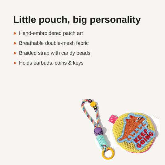 Feature highlights of embroidered mesh pouch keychain