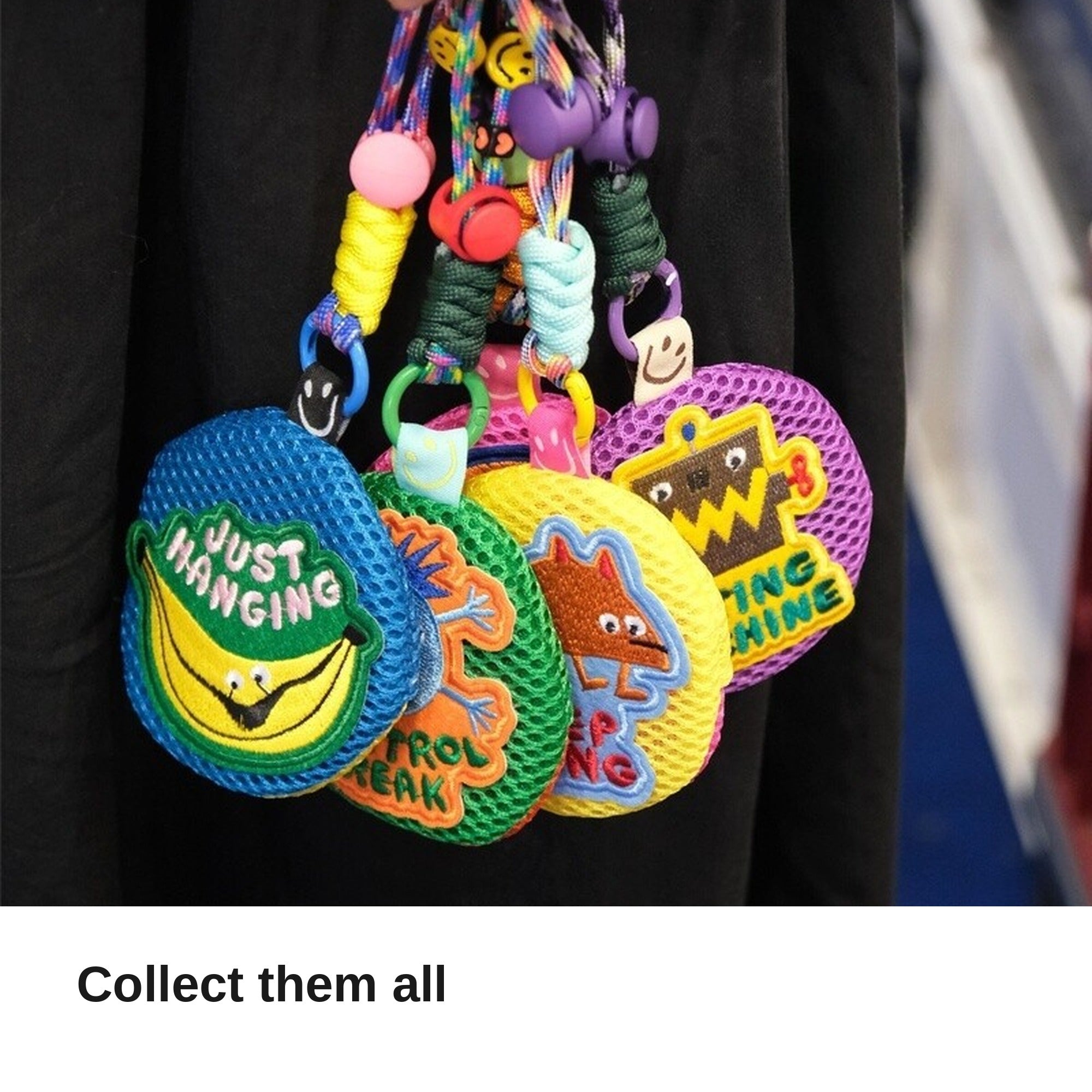 Collection of embroidered mesh pouch keychains