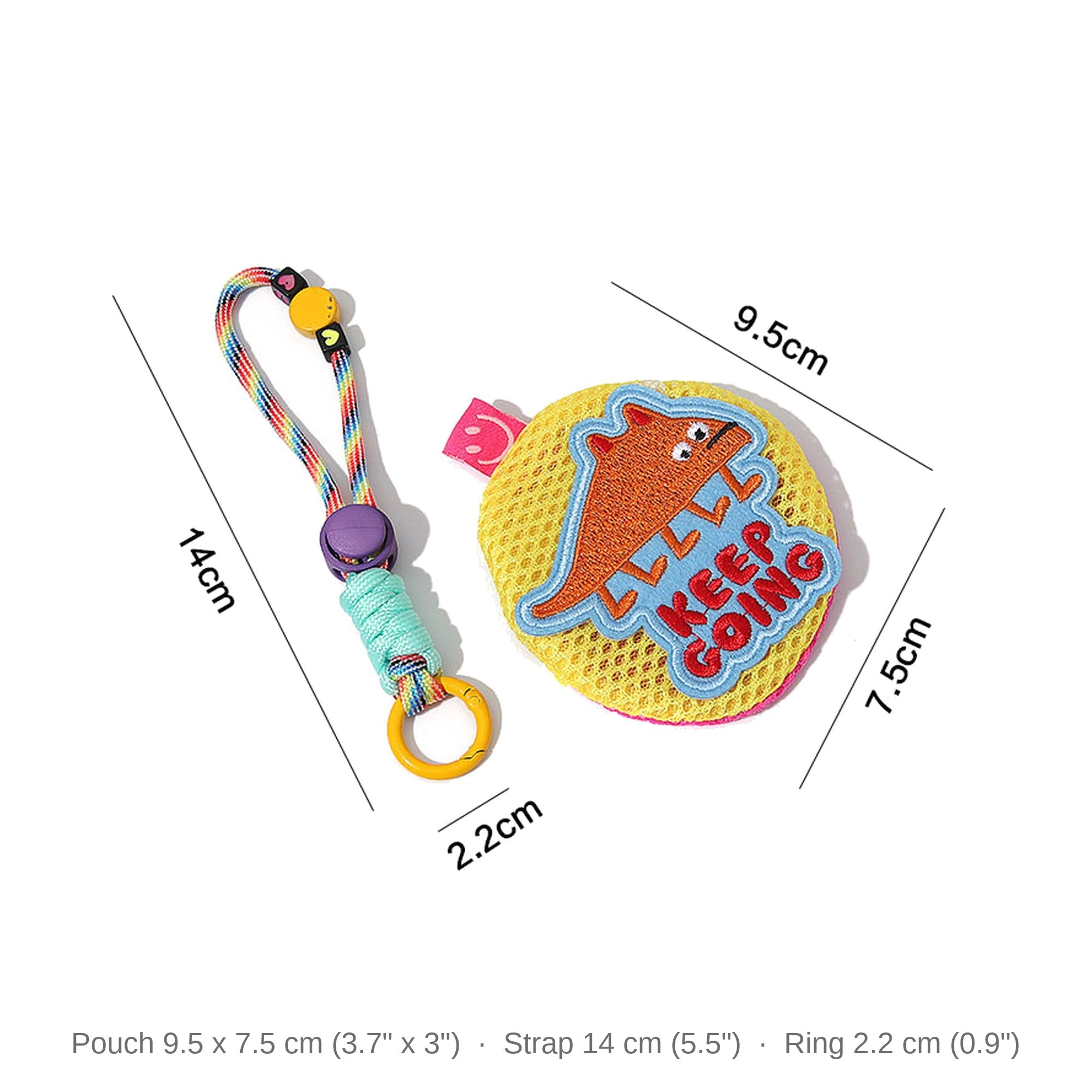 Pouch dimensions: 9.5 x 7.5 cm, strap 14 cm, ring 2.2 cm