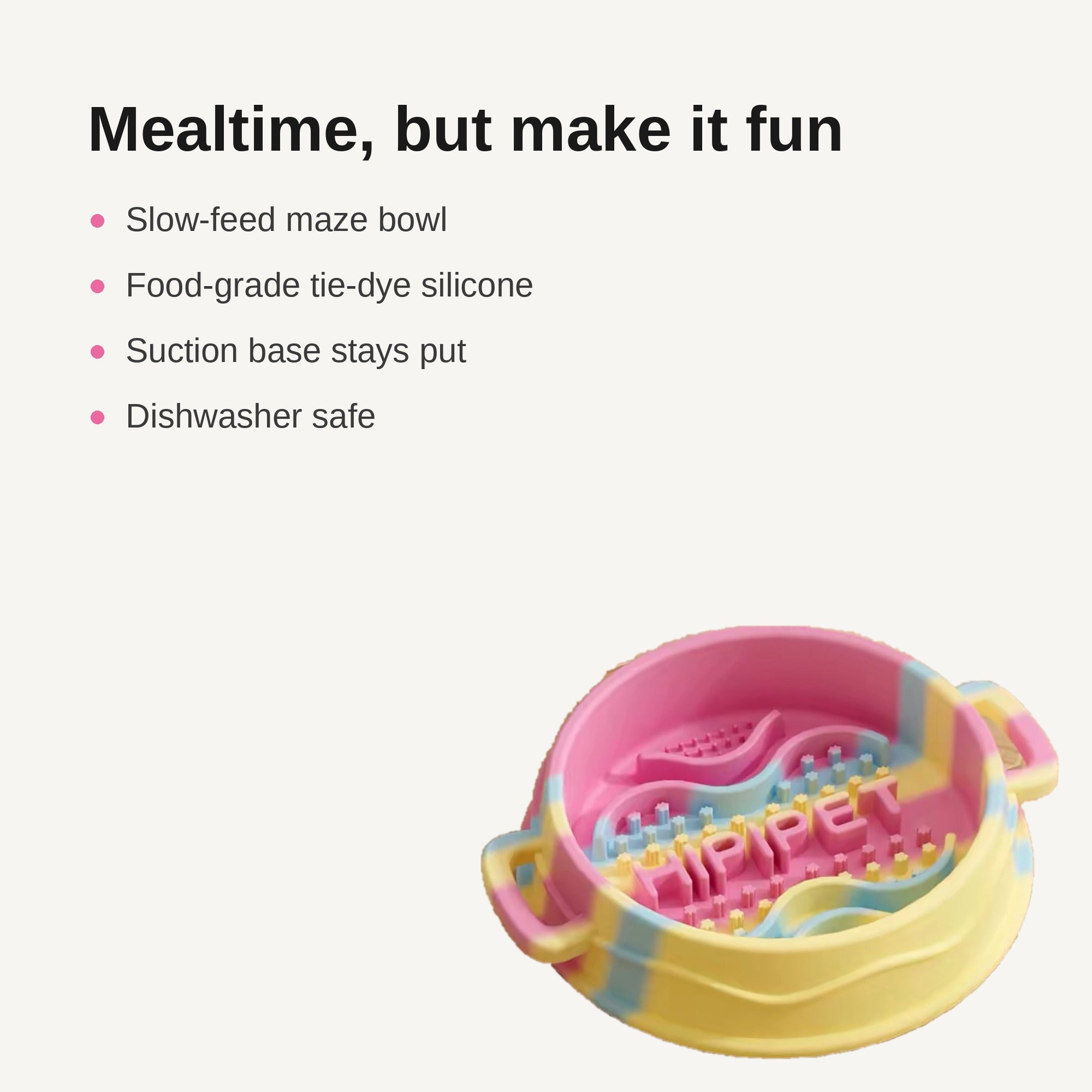 Feature highlights of tie-dye silicone slow feeder bowl