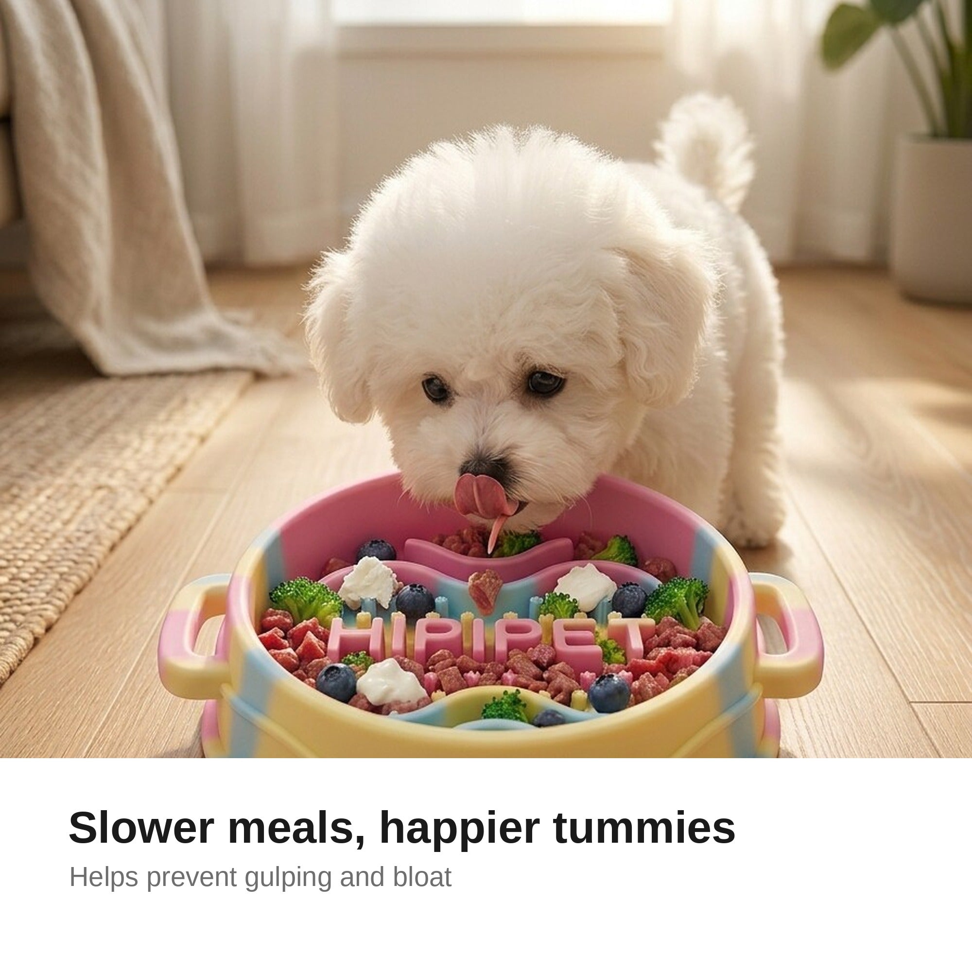 Dog eating from the tie-dye slow feeder bowl
