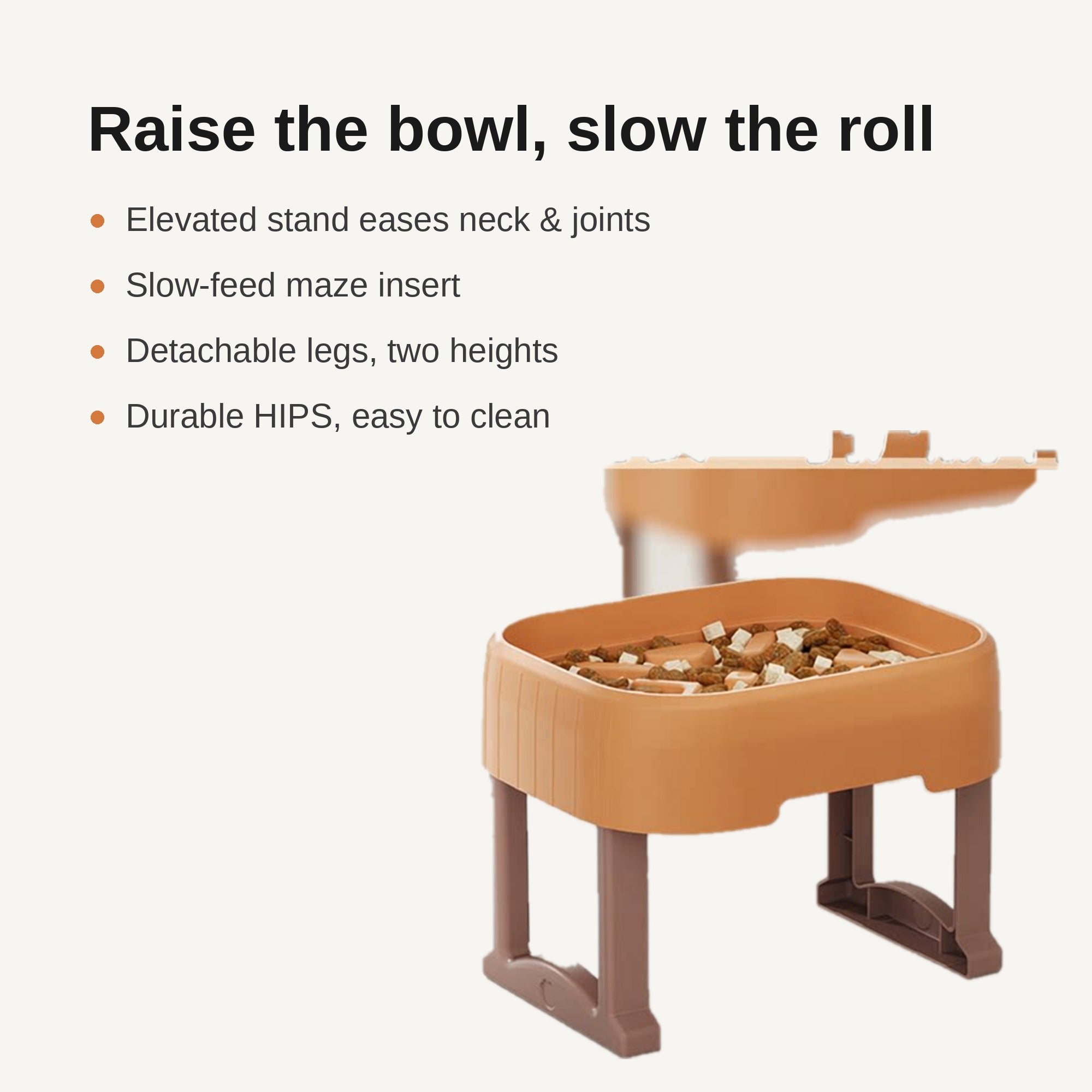 Feature highlights of elevated slow feeder dog bowl